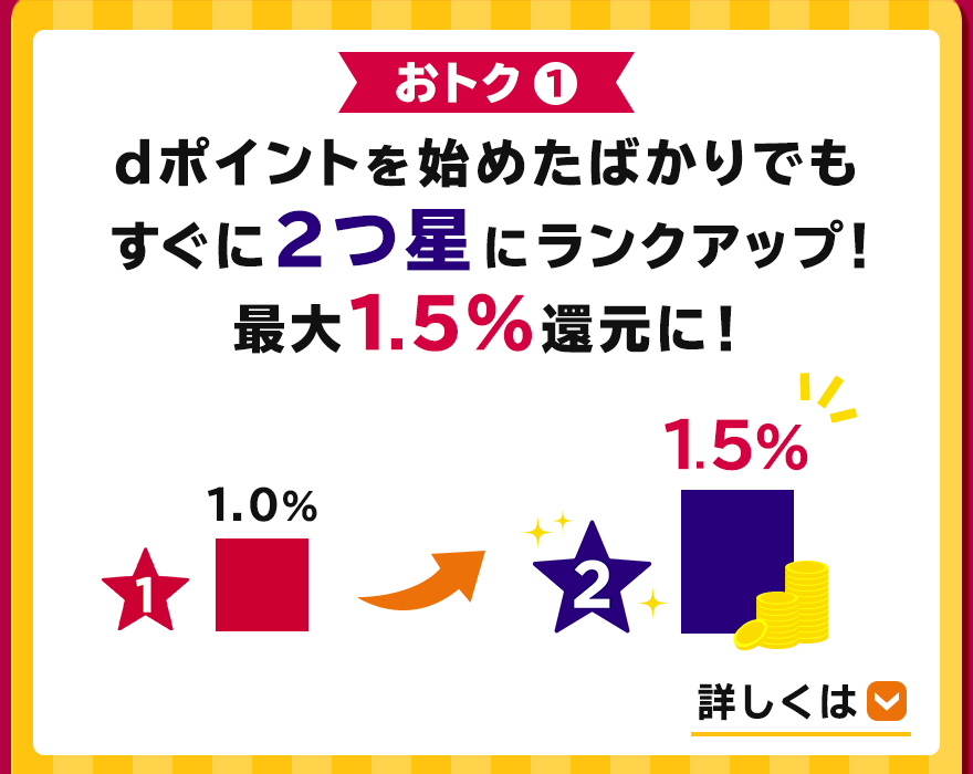 おトク１　dポイントを始めたばかりでもすぐに2つ星にランクアップ！最大1.5%還元に！