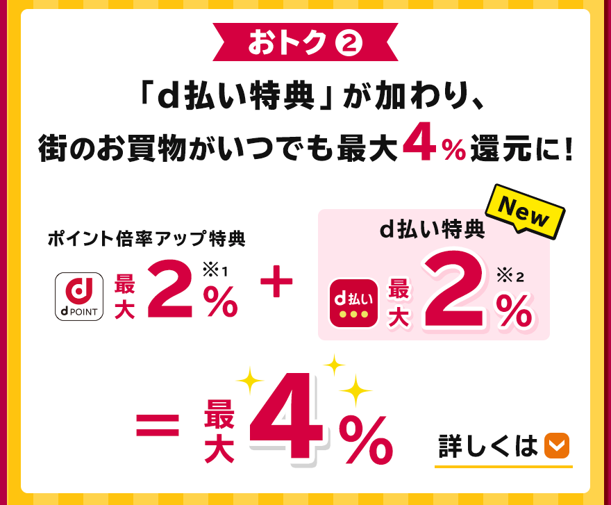 おトク2　「d払い特典」が加わり、街のお買物がいつでも最大4%還元に！